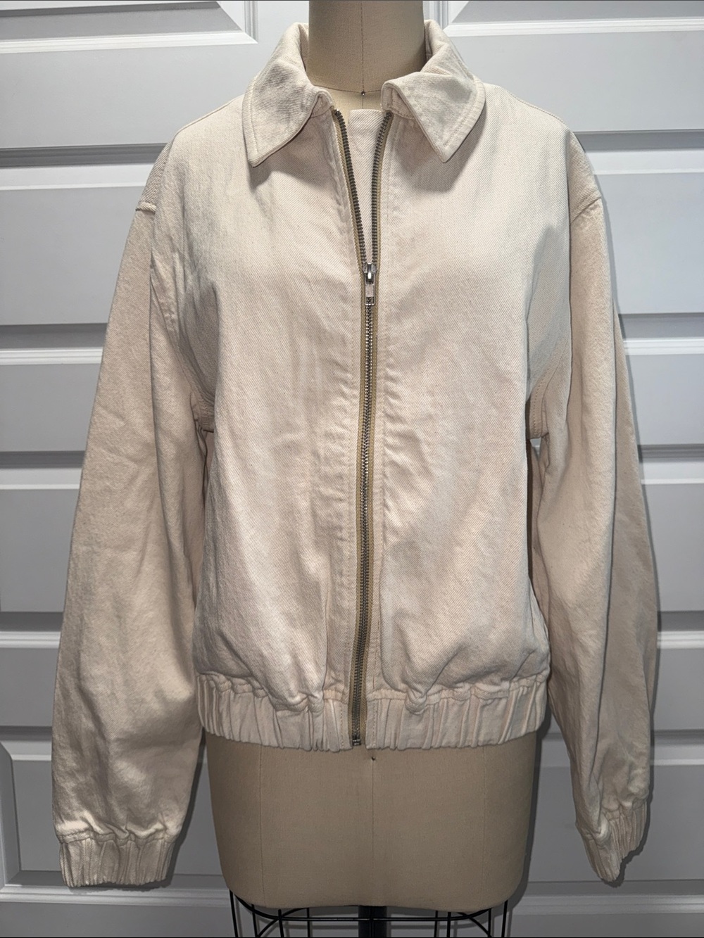 Neutral Cream Zip-Front Bomber Jacket by